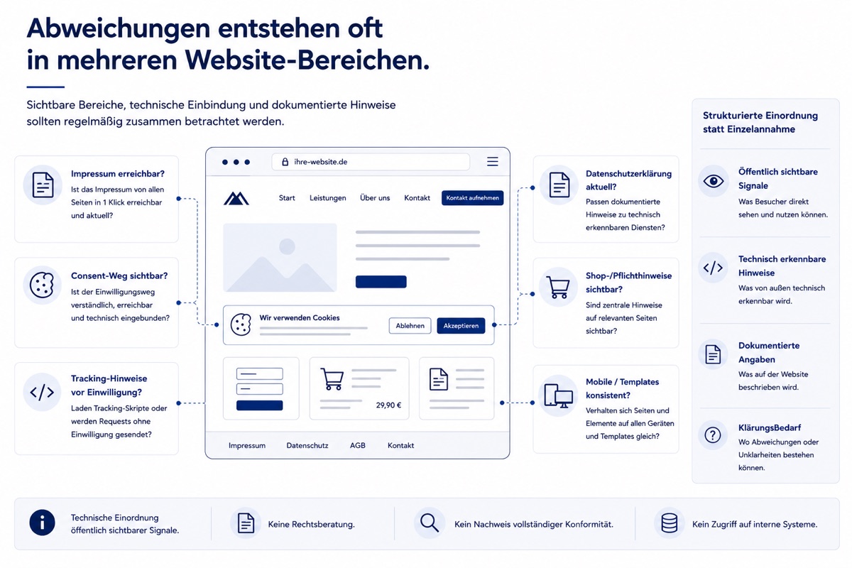 Strukturierter Überblick über Website-Bereiche wie Impressum, Cookie-Banner und Datenschutzerklärung, in denen technische Abweichungen sichtbar werden können.