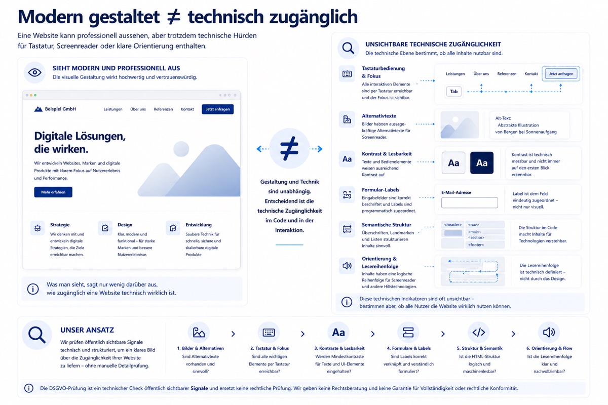 Illustration zum Unterschied zwischen moderner Gestaltung und technisch zugänglicher Website-Struktur.