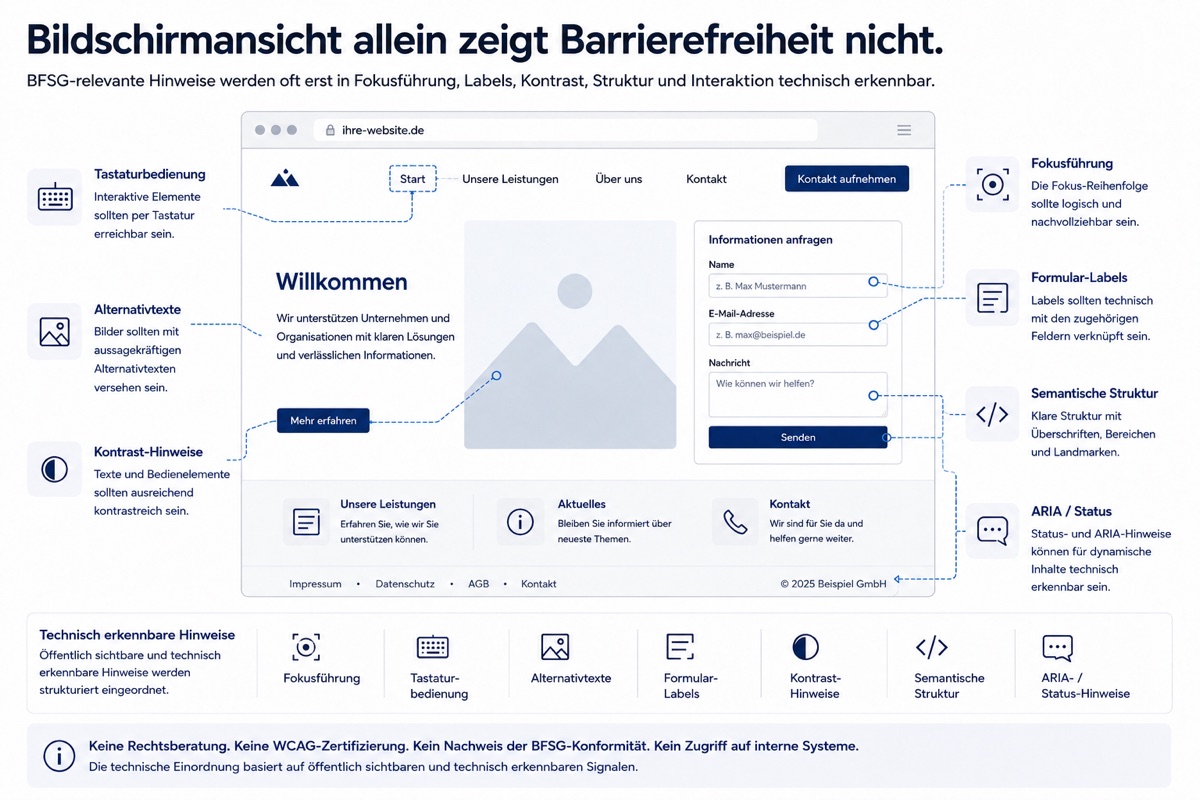 Illustration zu technischen Barrierefreiheits-Hinweisen einer Website im Zusammenhang mit BFSG-nahen Anforderungen.
