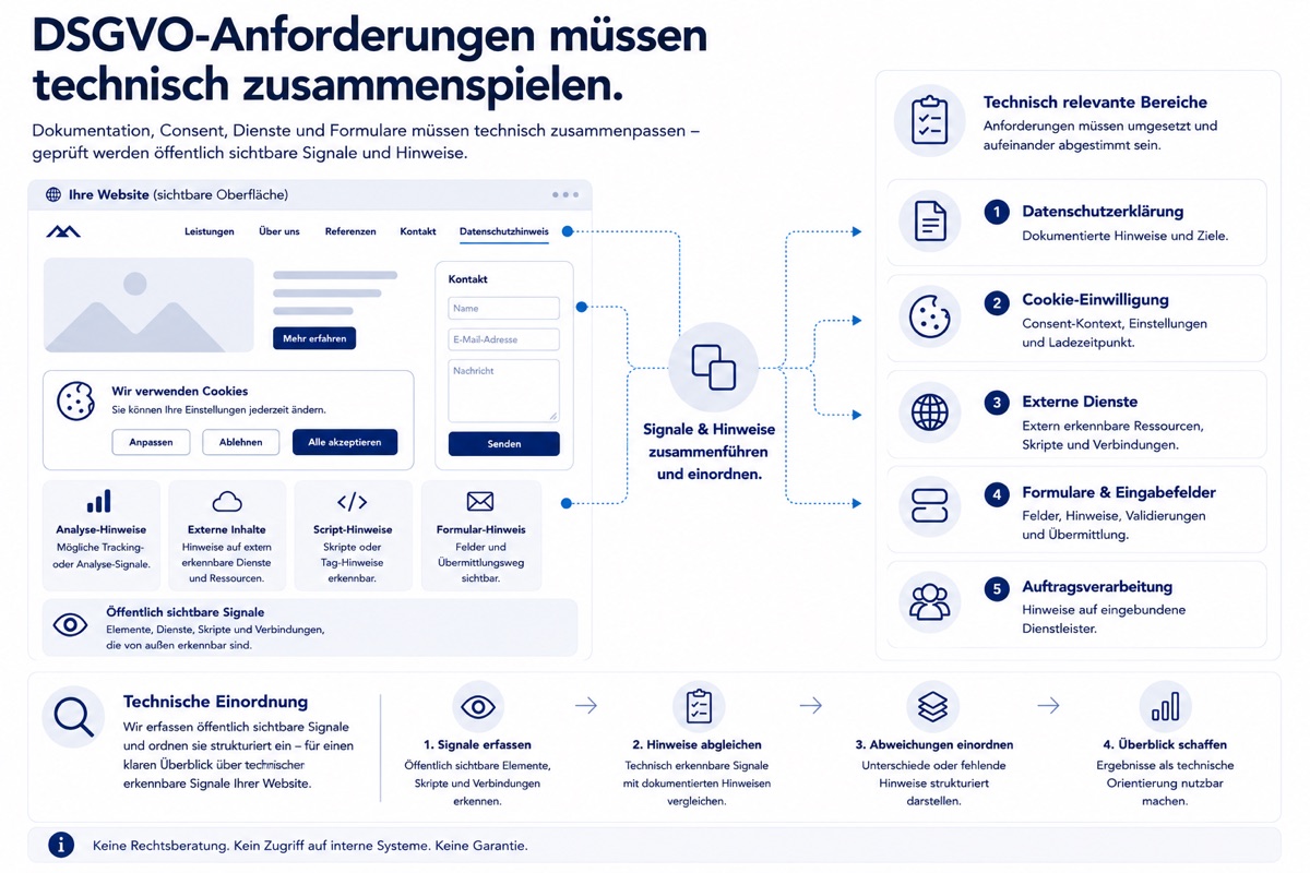 Strukturierter Überblick über DSGVO-Anforderungsbereiche einer Website und öffentlich sichtbare technische Signale.