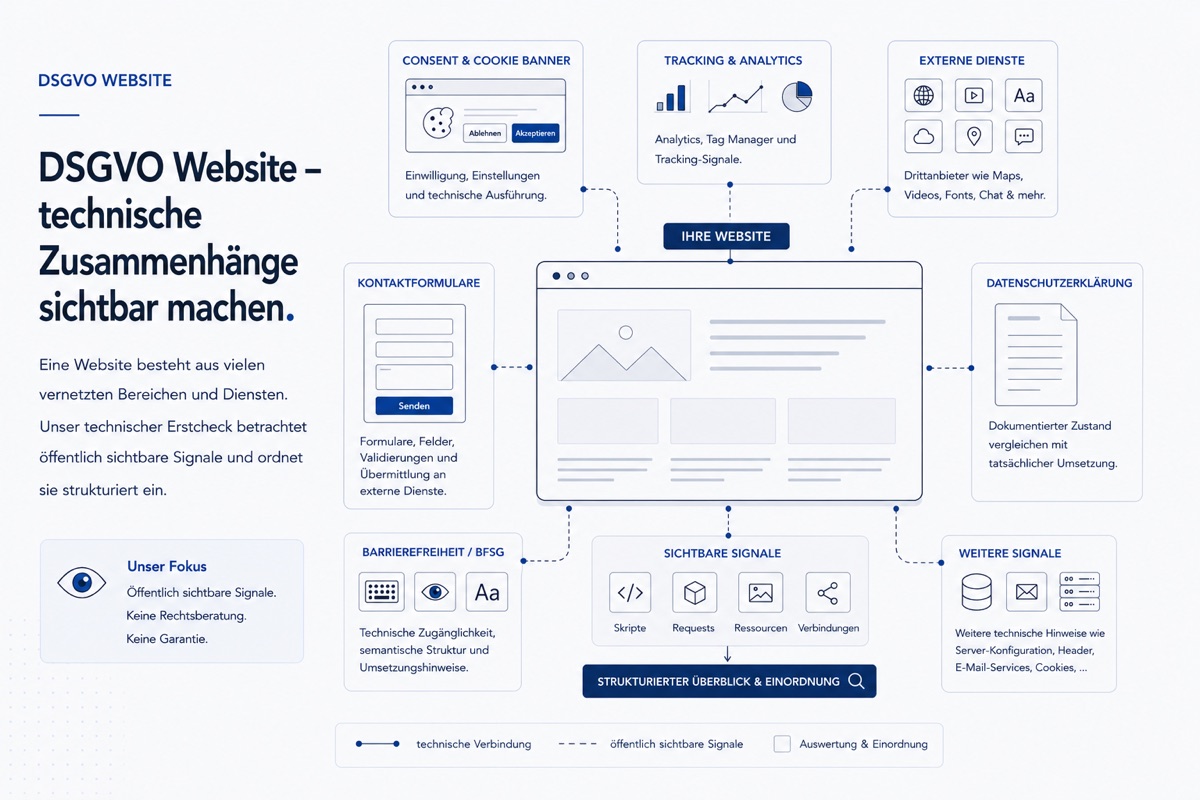 Übersicht über öffentlich sichtbare technische Signale einer Website, darunter Consent, Tracking, Formulare, externe Dienste und Datenschutzhinweise.