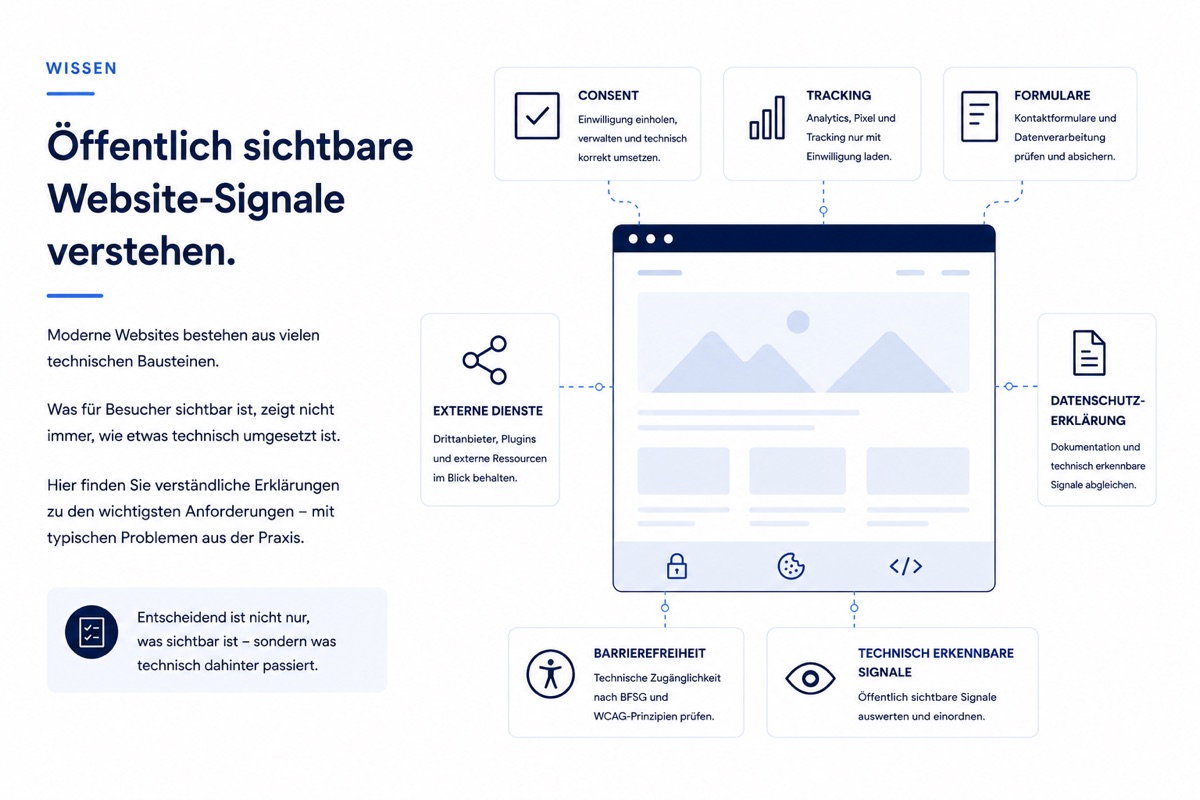Illustration zu öffentlich sichtbaren Website-Signalen und technischen Zusammenhängen rund um Consent, Tracking, Formulare, Datenschutzhinweise, Barrierefreiheit und externe Dienste.
